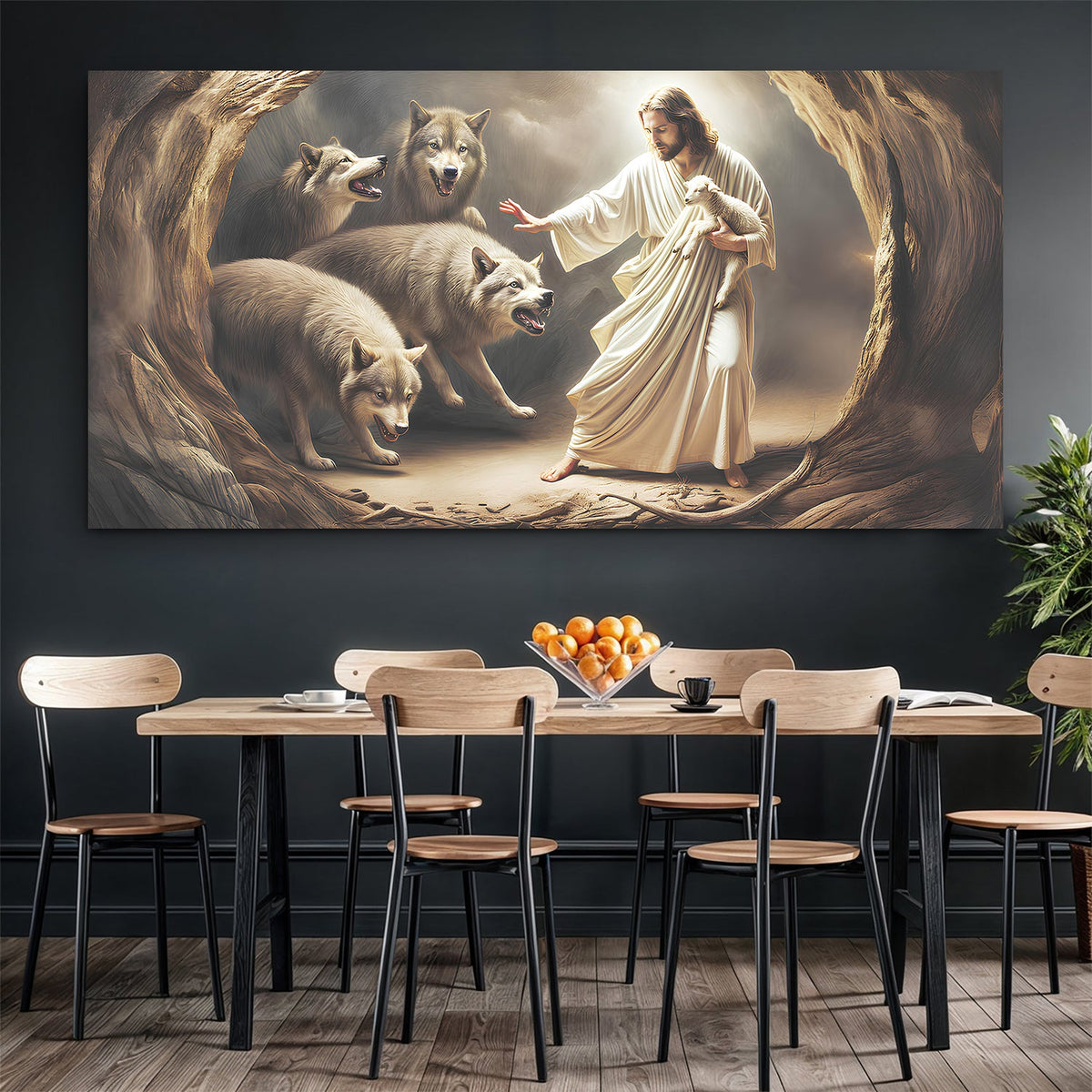 Jesus Protects The Lamb From Wolves Faith Wall Art III