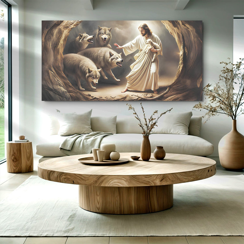 Jesus Protects The Lamb From Wolves Faith Wall Art III
