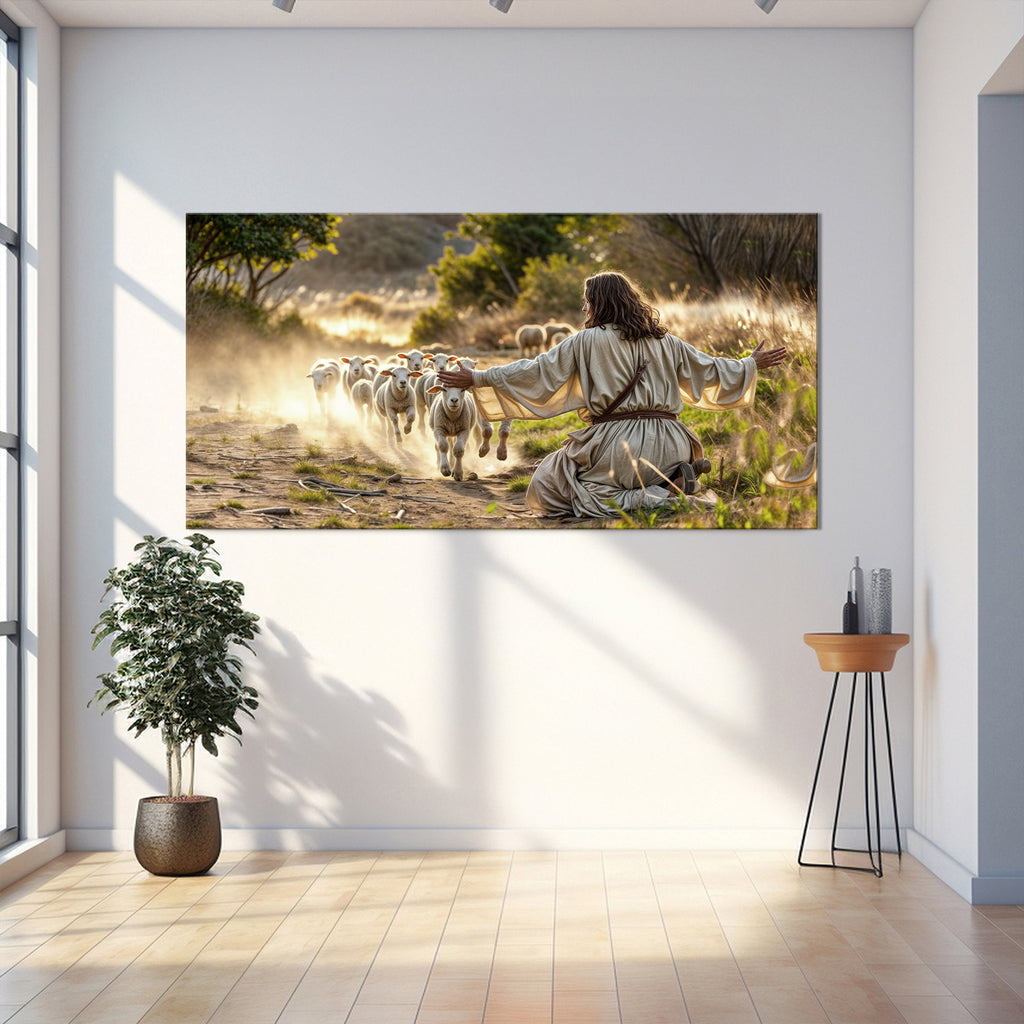 Jesus Protects The Lamb From Wolves Faith Wall Art VIII