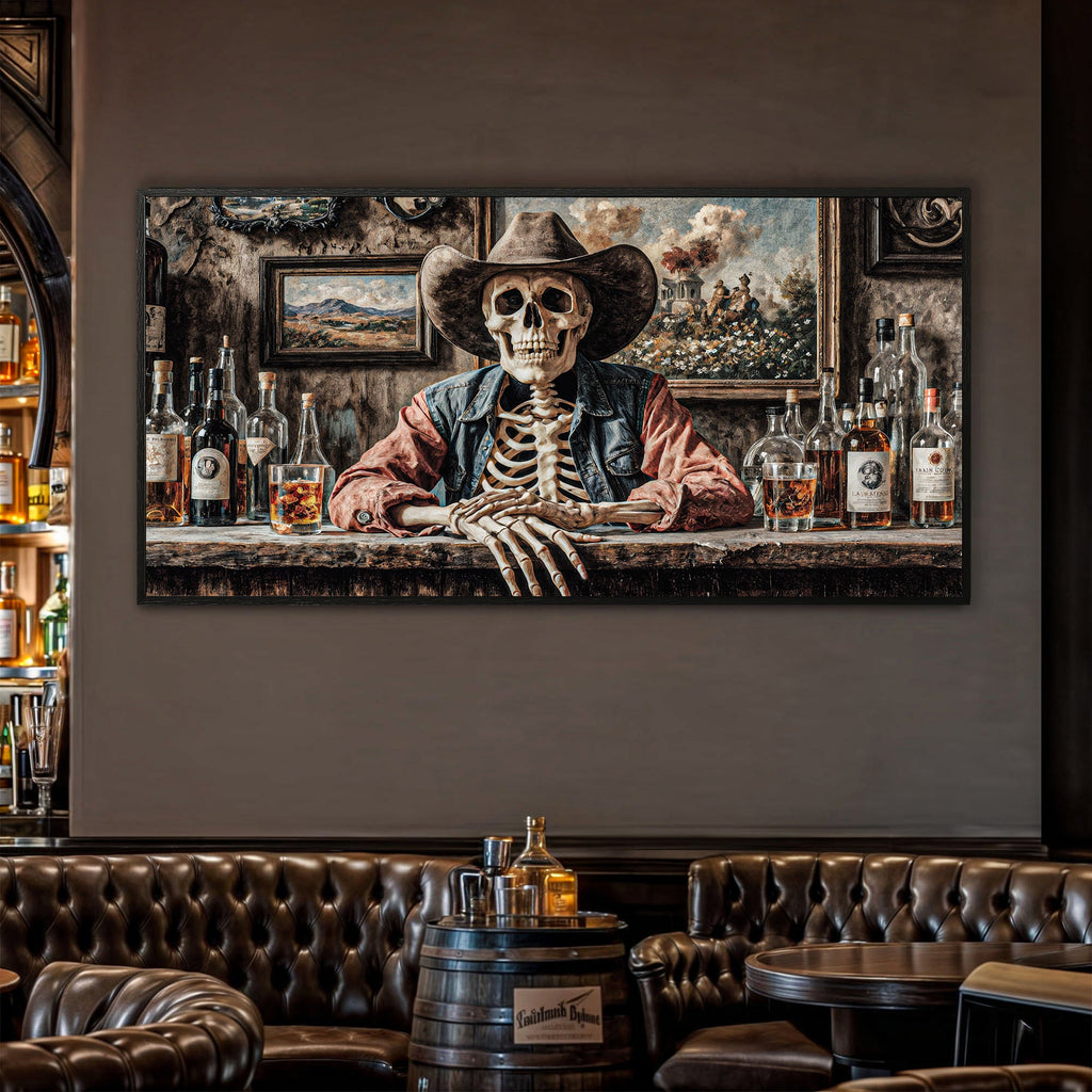 Skeleton Cowboy Barman At Western Saloon Wall Art