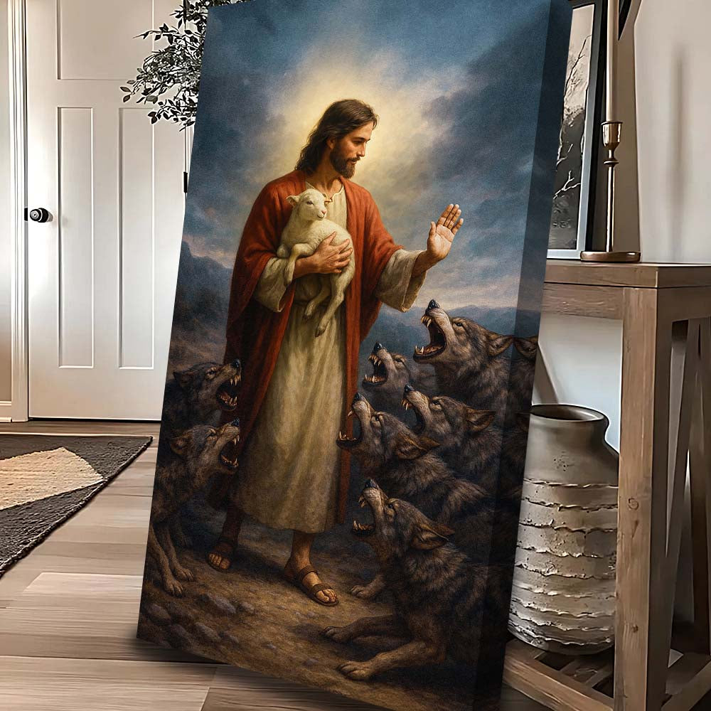 Jesus Protects The Lamb From Wolves Faith Wall Art V