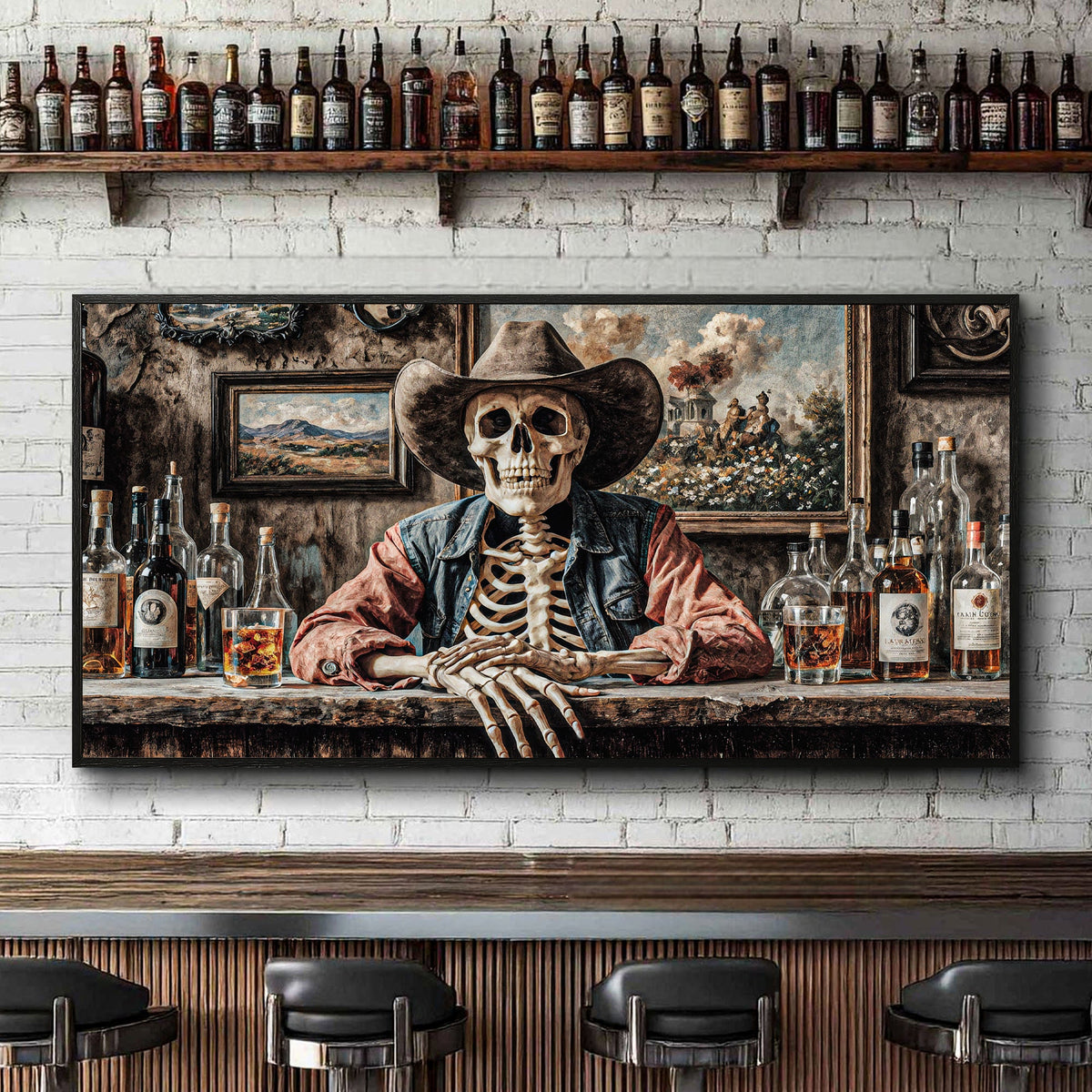 Skeleton Cowboy Barman At Western Saloon Wall Art