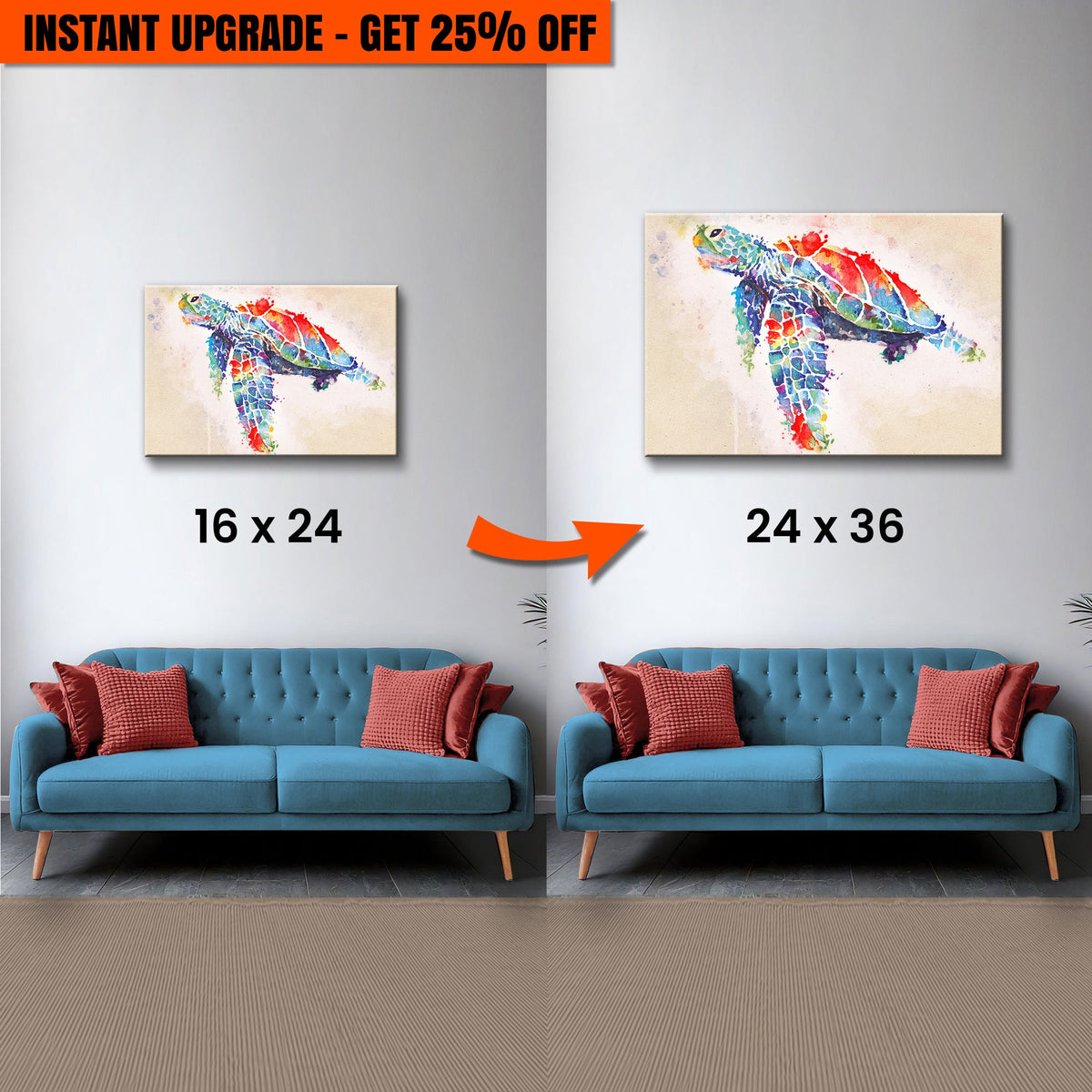 Upgrade Your 24x16 Inches 'Coral Reef Sea Turtle Watercolor' Canvas To 36x24 Inches