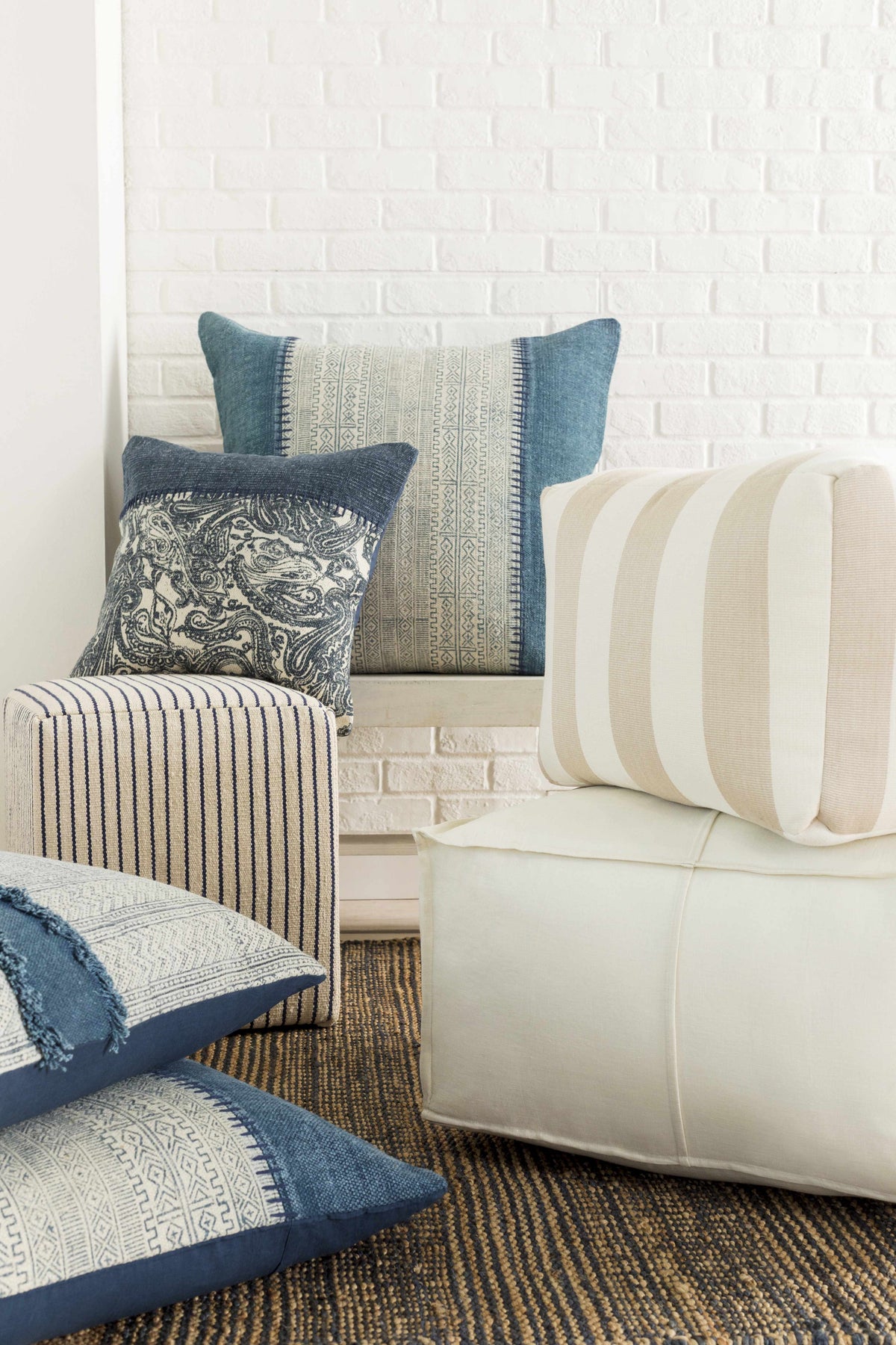 Friendsville Solid & Striped Ivory Pouf