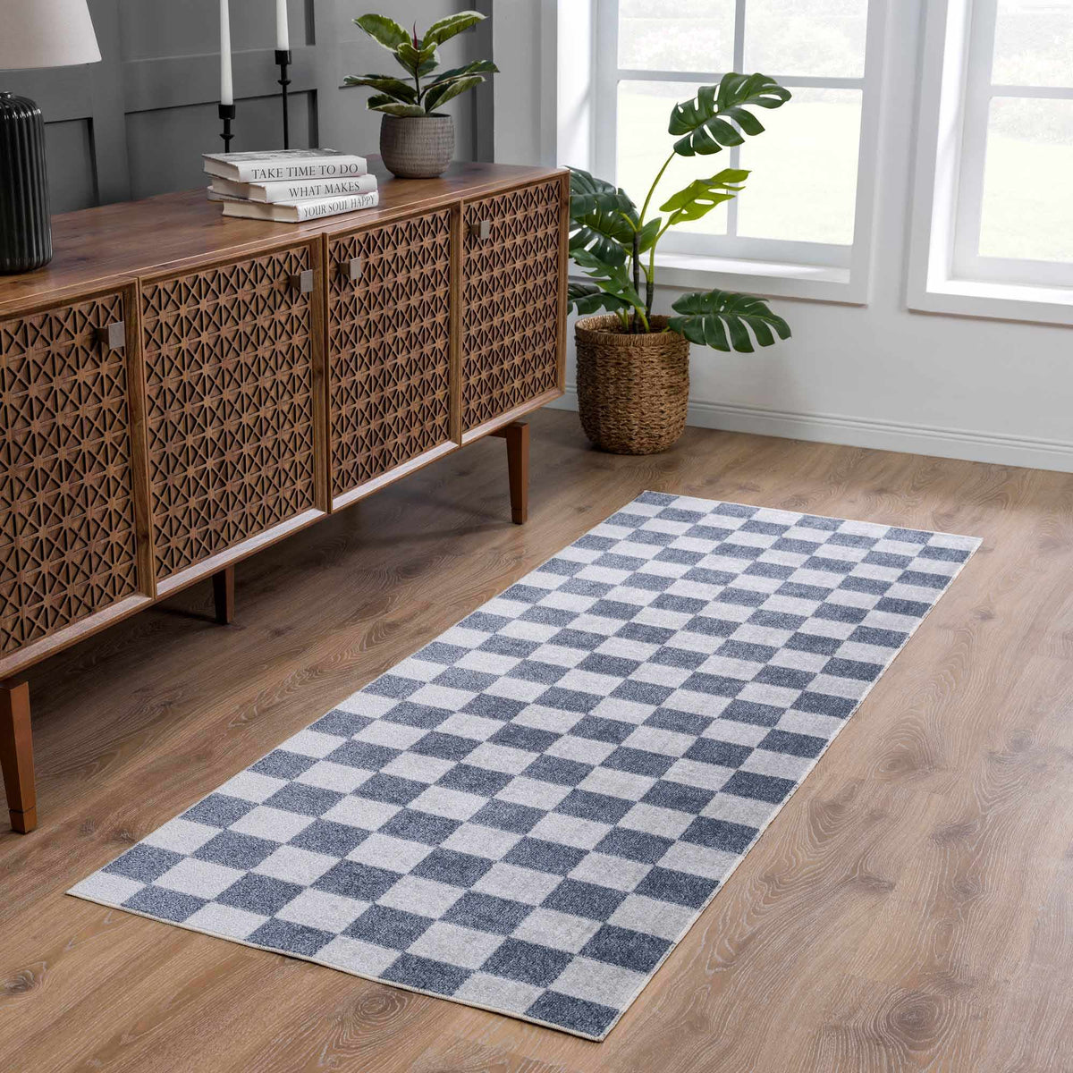 Alie Blue Gray Checkered Washable Rug