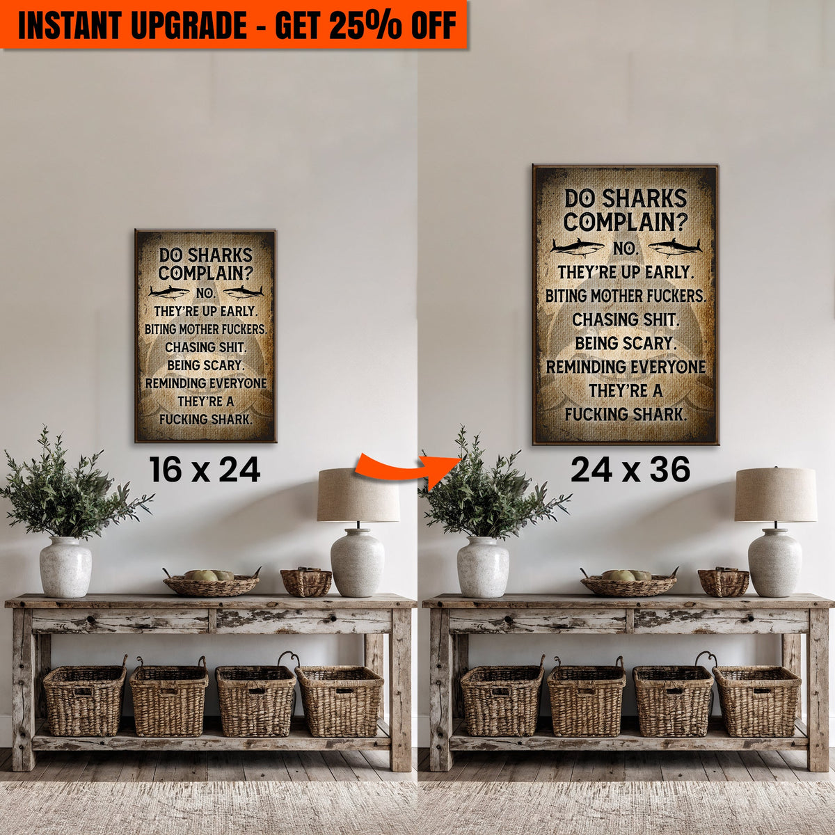 Upgrade Your 24x16 Inches 'Do Sharks Complain' Canvas To 36x24 Inches