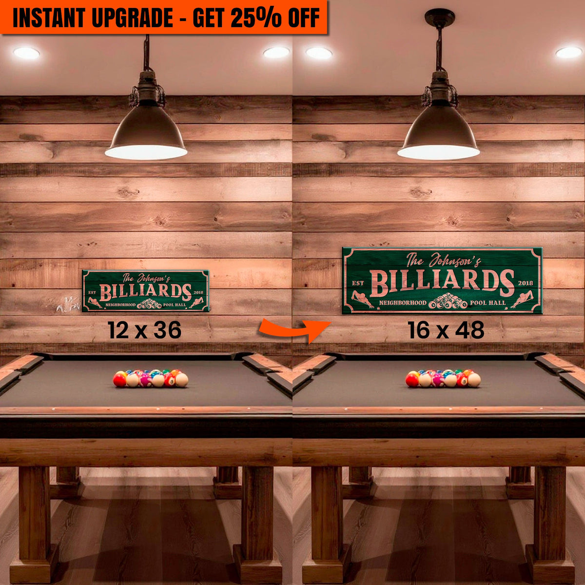 Upgrade Your 12x36 Inches 'Neighborhood Pool Hall Billiards Sign' Canvas To 16x48 Inches