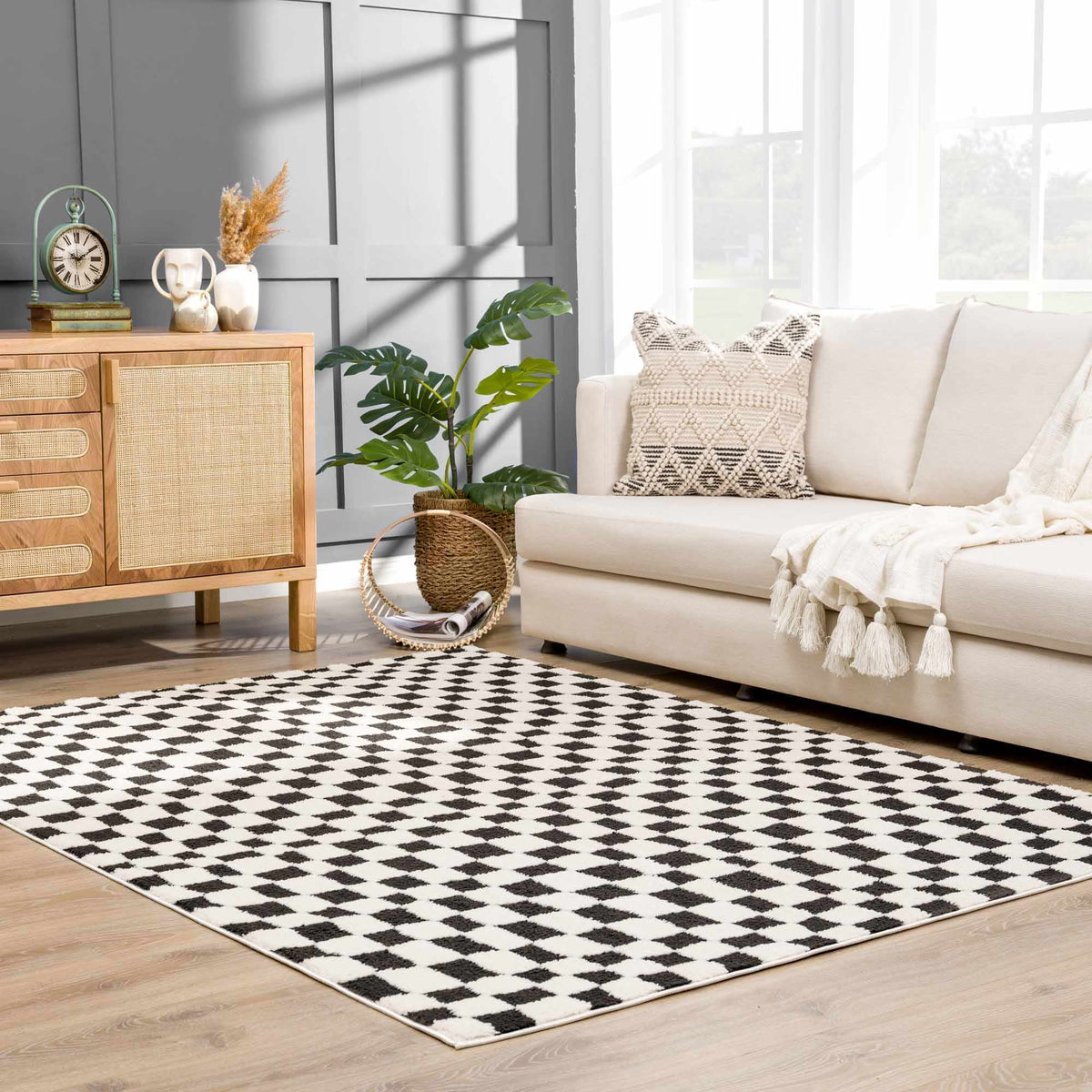 Lajos Black & White Checkered Plush Rug