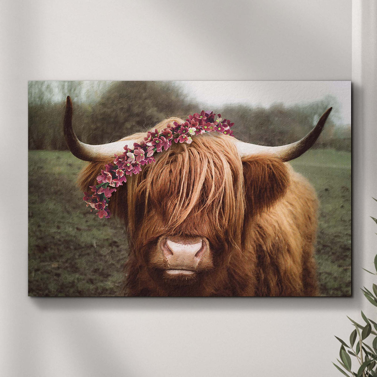 Retro Floral Crown Highland Cow Canvas Wall Art